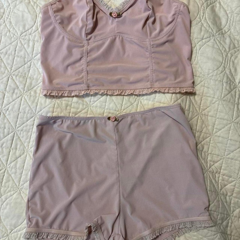 Pink Ribbed Lace Trim Cami and Shorts Lounge Set with Rosette Detail